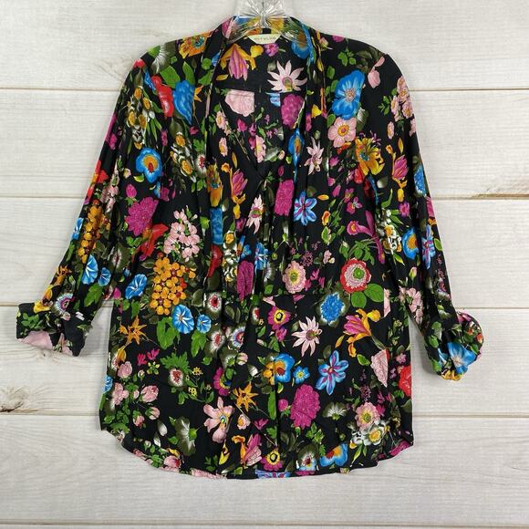 Anthro 11-1-TYLHO Top Womens M Black Floral Colorful Roll Tab Sleeve Button Up - Picture 1 of 10
